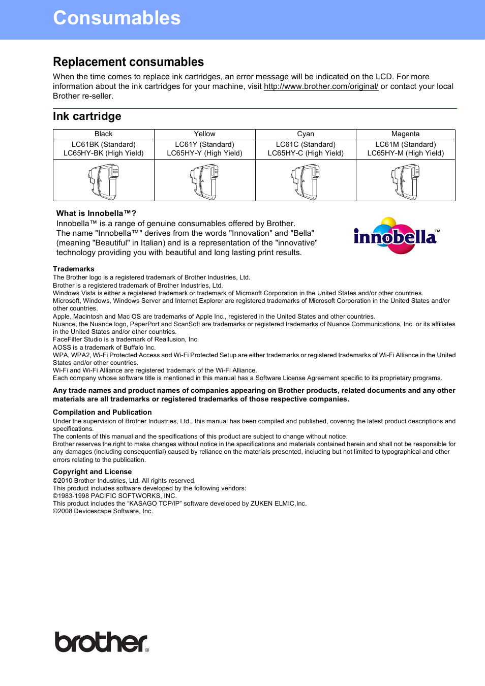 Consumables, Replacement consumables, Ink cartridge | Brother usa/can | Brother MFC-5895CW User Manual | Page 46 / 46