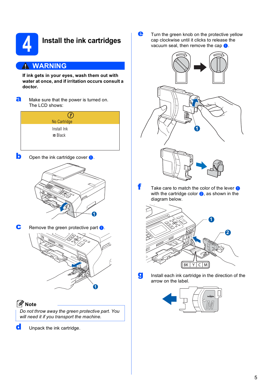 4 install the ink cartridges, Install the ink cartridges, Warning | Brother MFC-5895CW User Manual | Page 5 / 46