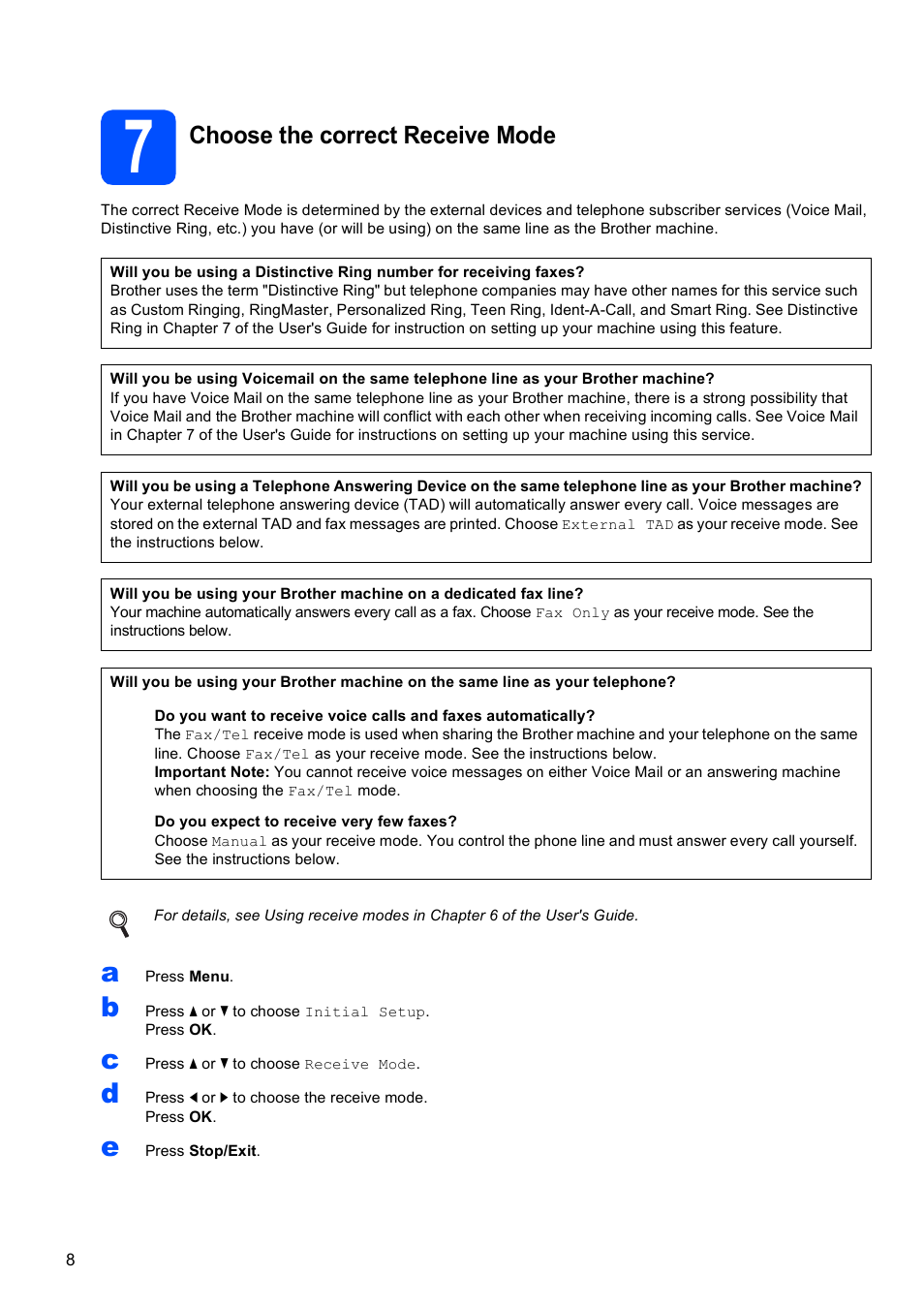 7 choose the correct receive mode, Choose the correct receive mode | Brother MFC-5895CW User Manual | Page 8 / 46