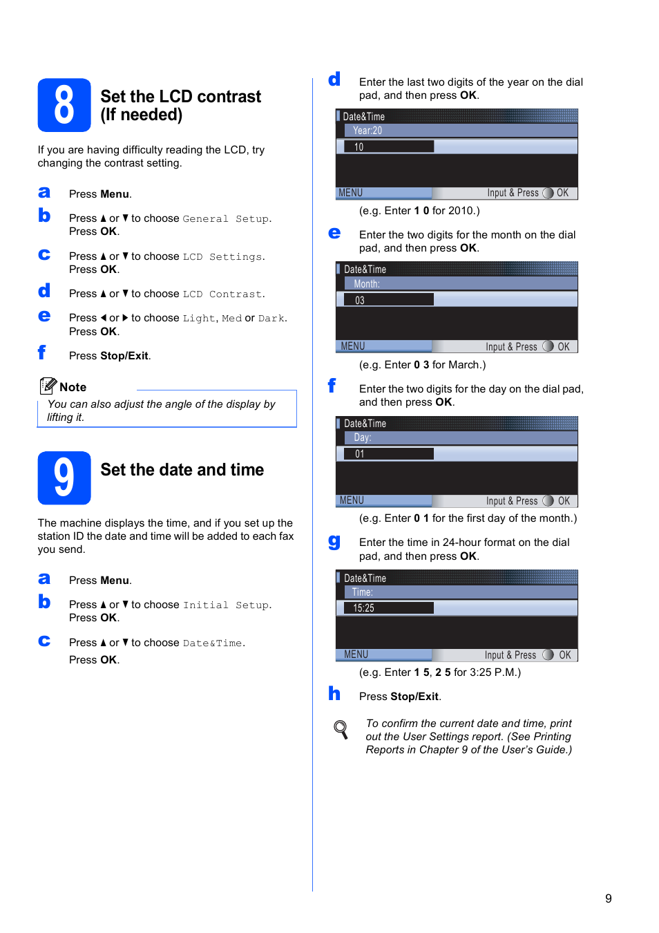 8 set the lcd contrast (if needed), 9 set the date and time, Set the lcd contrast (if needed) | Set the date and time | Brother MFC-5895CW User Manual | Page 9 / 46
