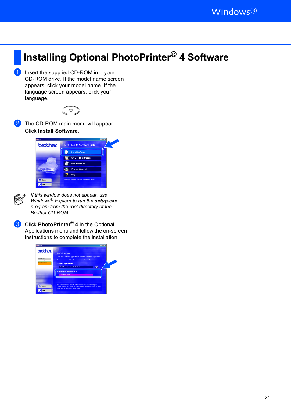 Installing optional photoprinter® 4 software | Brother MFC-4420C User Manual | Page 22 / 28