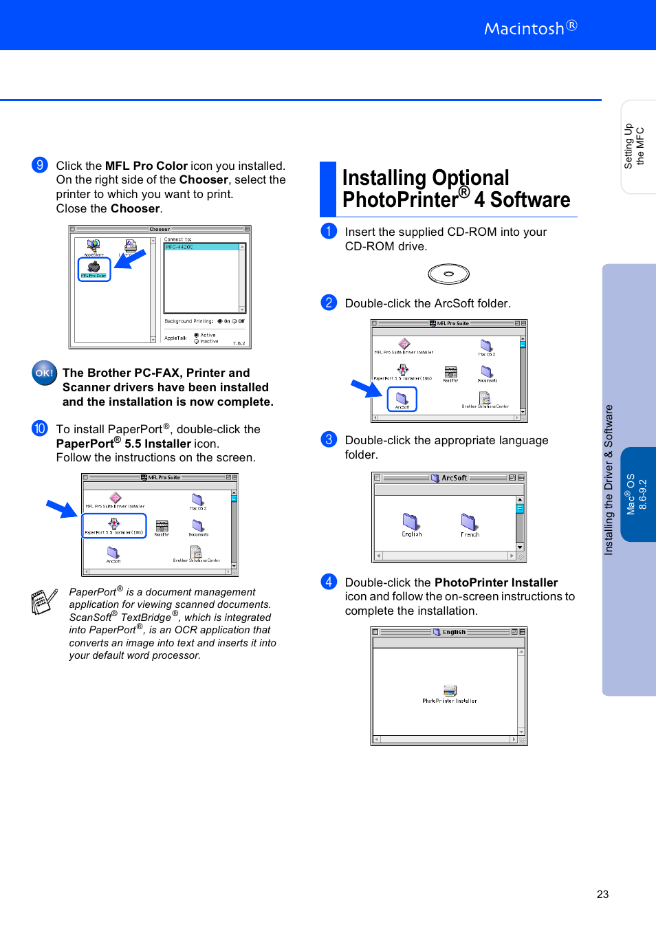 Installing optional photoprinter® 4 software, O double-click the photoprinter installer, Macintosh | Brother MFC-4420C User Manual | Page 24 / 28