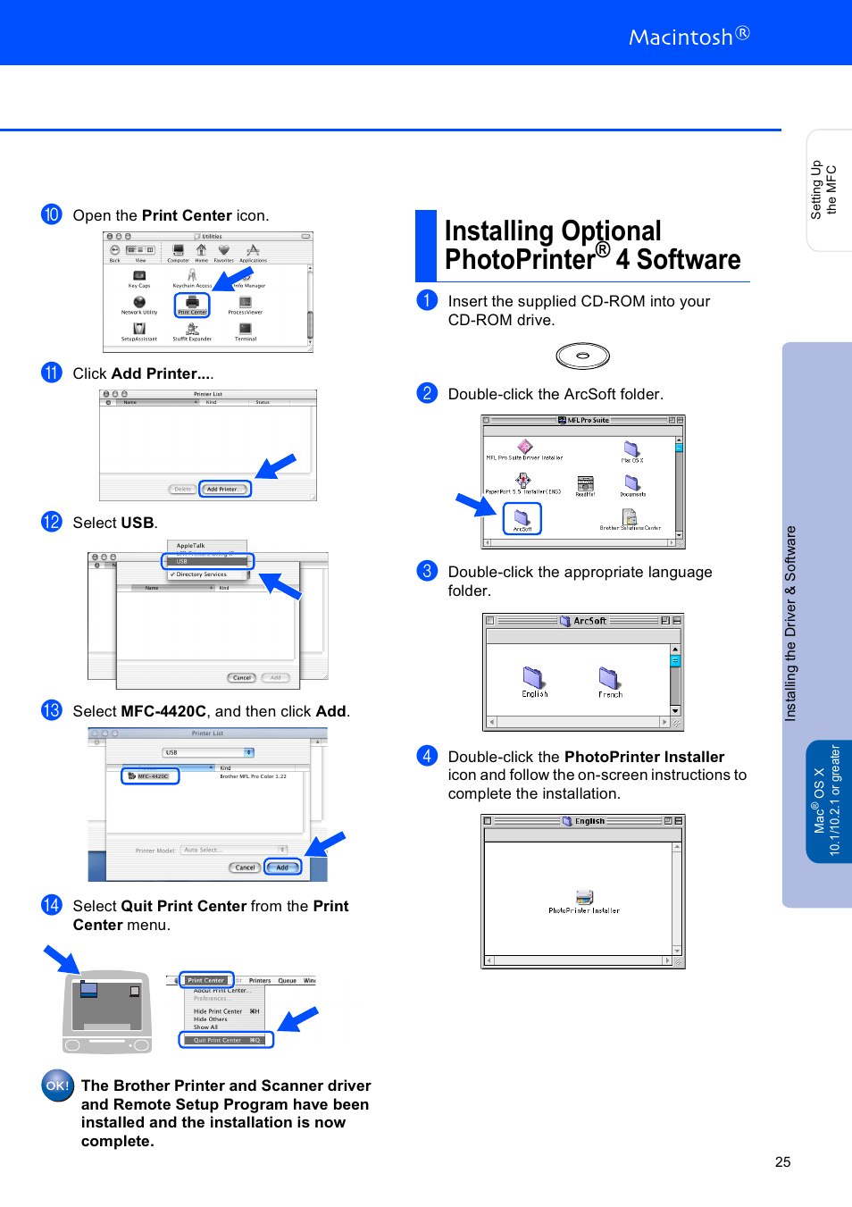 Installing optional photoprinter® 4 software, Macintosh | Brother MFC-4420C User Manual | Page 26 / 28