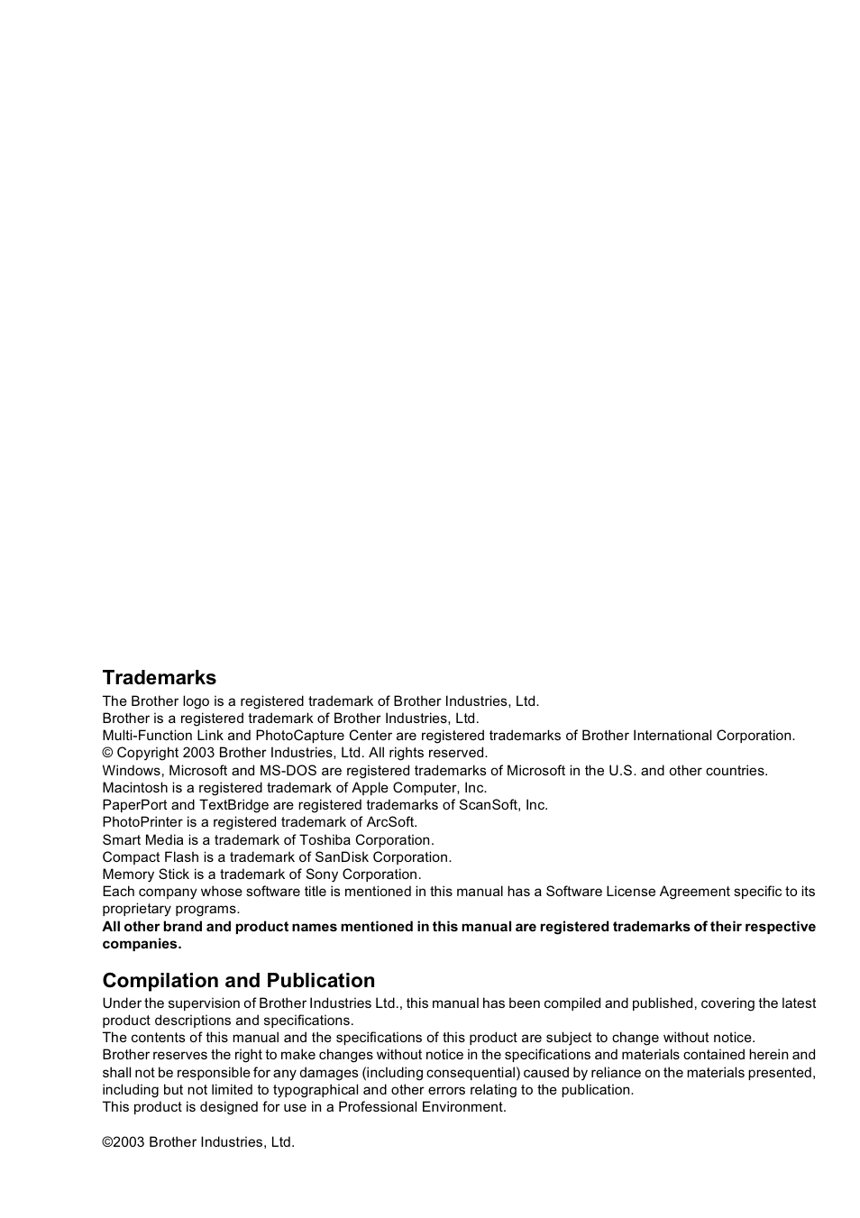 Trademarks, Compilation and publication | Brother MFC-4420C User Manual | Page 27 / 28