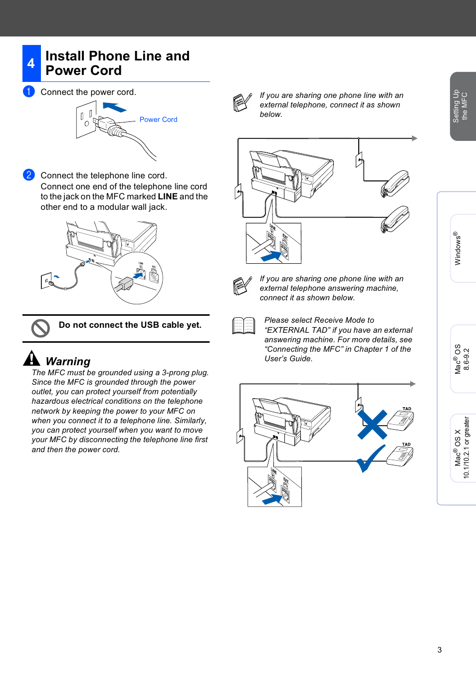 Do not connect the usb cable yet, Install phone line and power cord | Brother MFC-4420C User Manual | Page 5 / 28