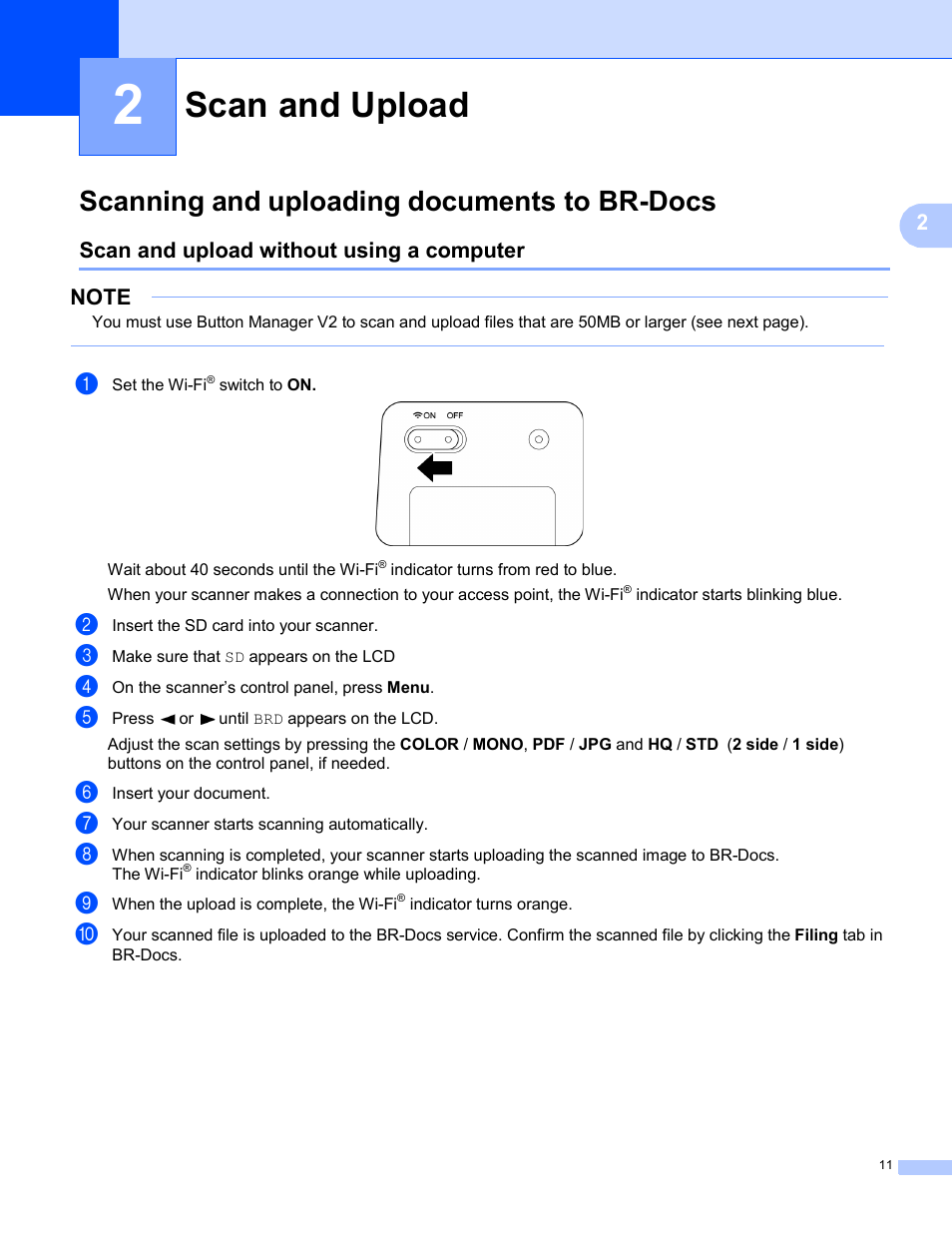 2 scan and upload, Scanning and uploading documents to br-docs, Scan and upload without using a computer | Scan and upload | Brother DS-820W User Manual | Page 14 / 19