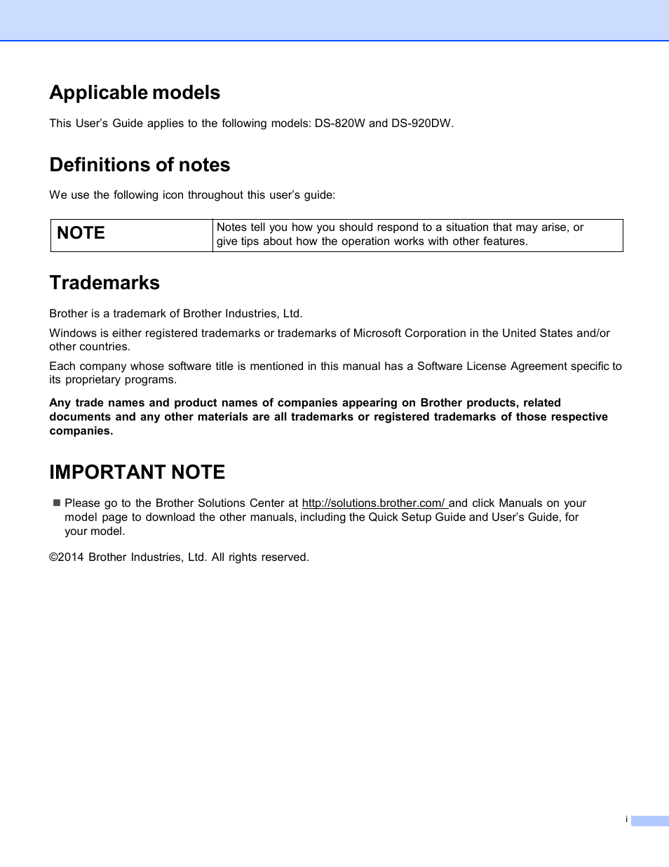 Applicable models, Definitions of notes, Trademarks | Important note | Brother DS-820W User Manual | Page 2 / 19