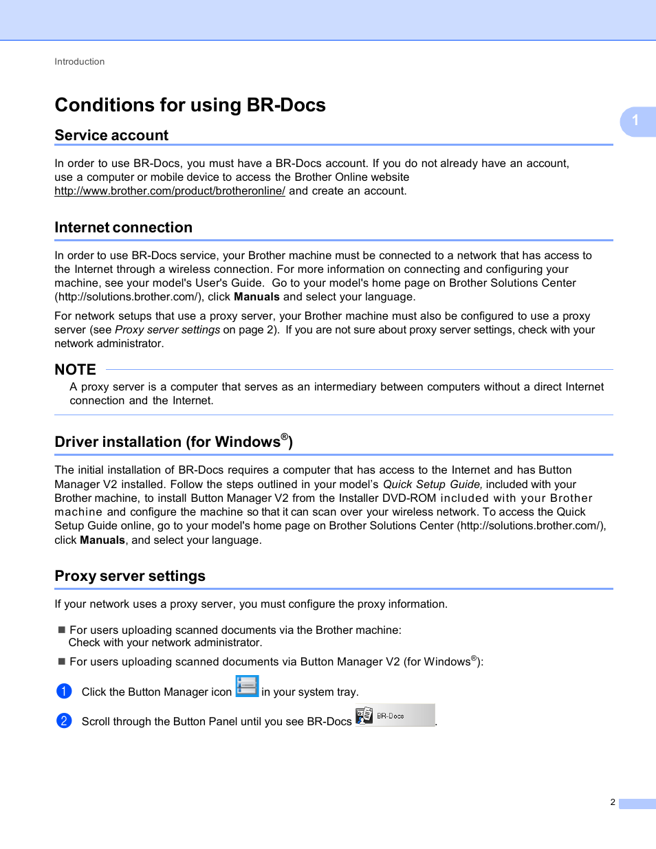 Conditions for using br-docs, Service account, Internet connection | Driver installation (for windows®), Proxy server settings, Driver installation, Driver installation (for windows | Brother DS-820W User Manual | Page 5 / 19