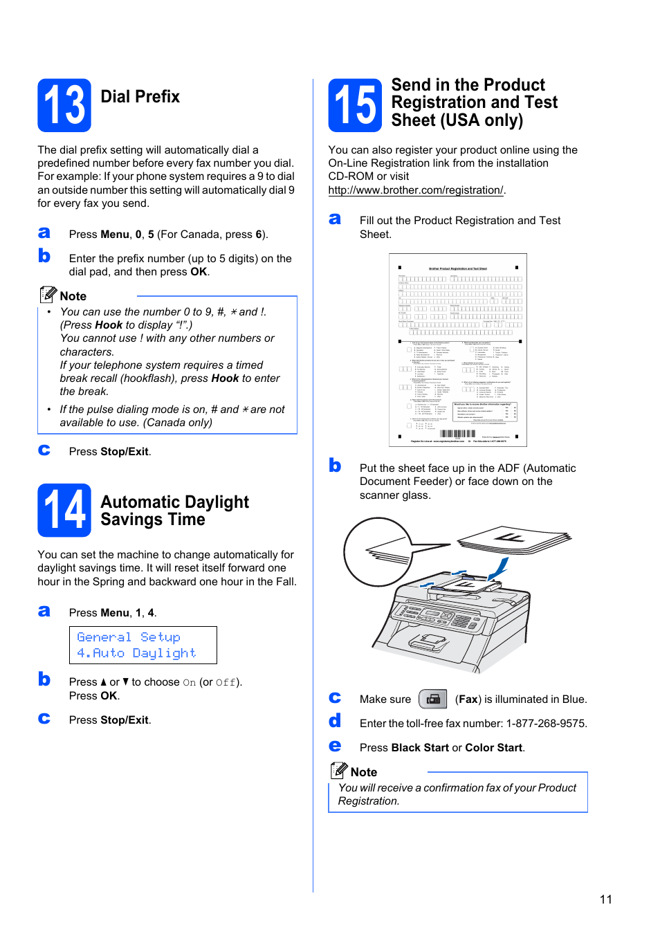 13 dial prefix, 14 automatic daylight savings time | Brother MFC-9320CW User Manual | Page 11 / 49