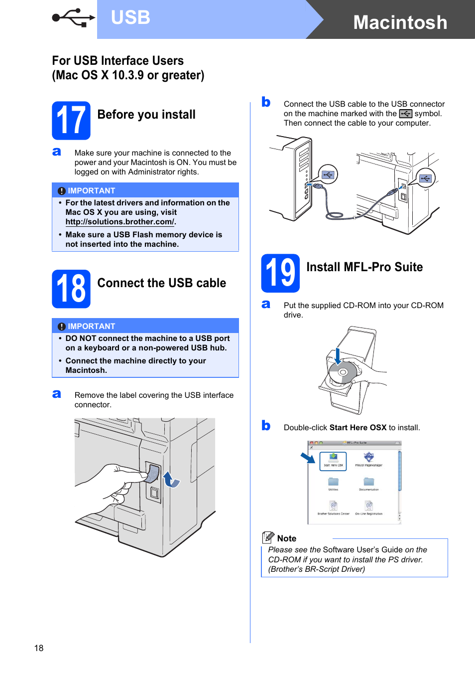 17 before you install, 18 connect the usb cable, 19 install mfl-pro suite | Macintosh usb | Brother MFC-9320CW User Manual | Page 18 / 49
