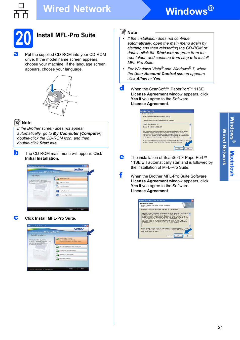 20 install mfl-pro suite, Windows, Wired network | Install mfl-pro suite | Brother MFC-9320CW User Manual | Page 21 / 49
