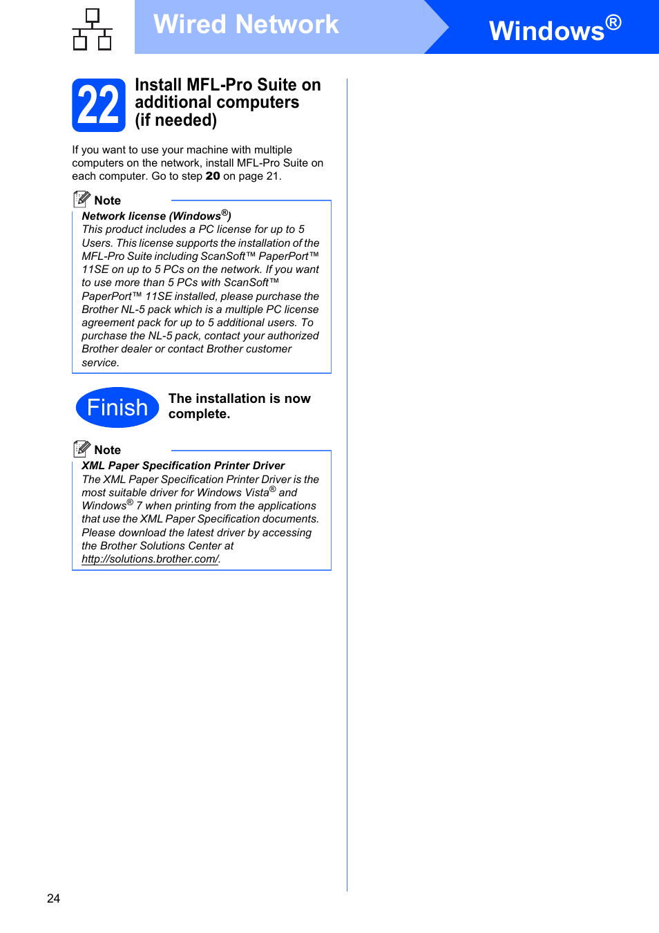 Windows, Wired network, Finish | Brother MFC-9320CW User Manual | Page 24 / 49