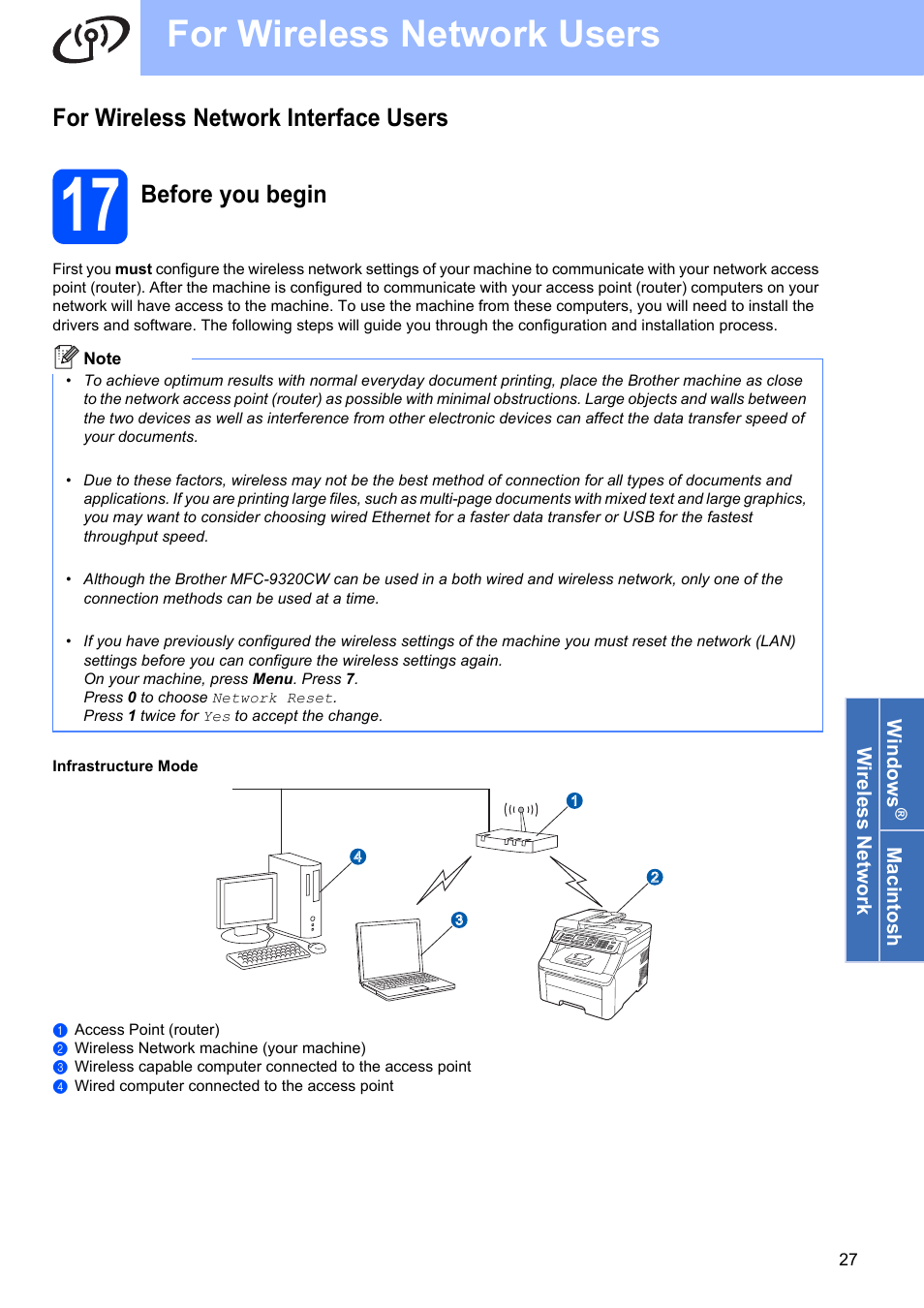 For wireless network interface users, 17 before you begin, For wireless network users | Before you begin | Brother MFC-9320CW User Manual | Page 27 / 49