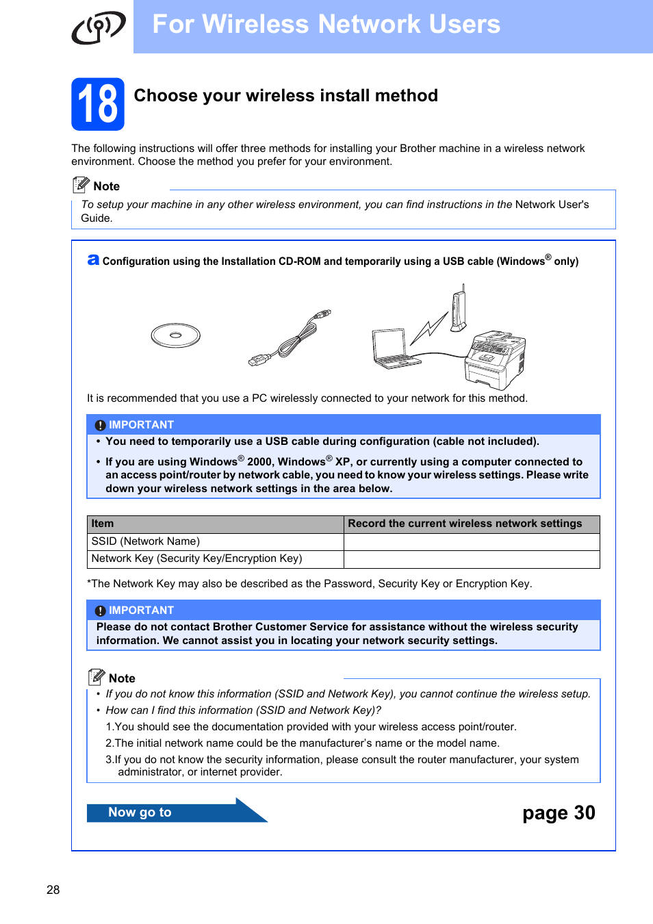 18 choose your wireless install method, For wireless network users, Page 30 | Choose your wireless install method | Brother MFC-9320CW User Manual | Page 28 / 49