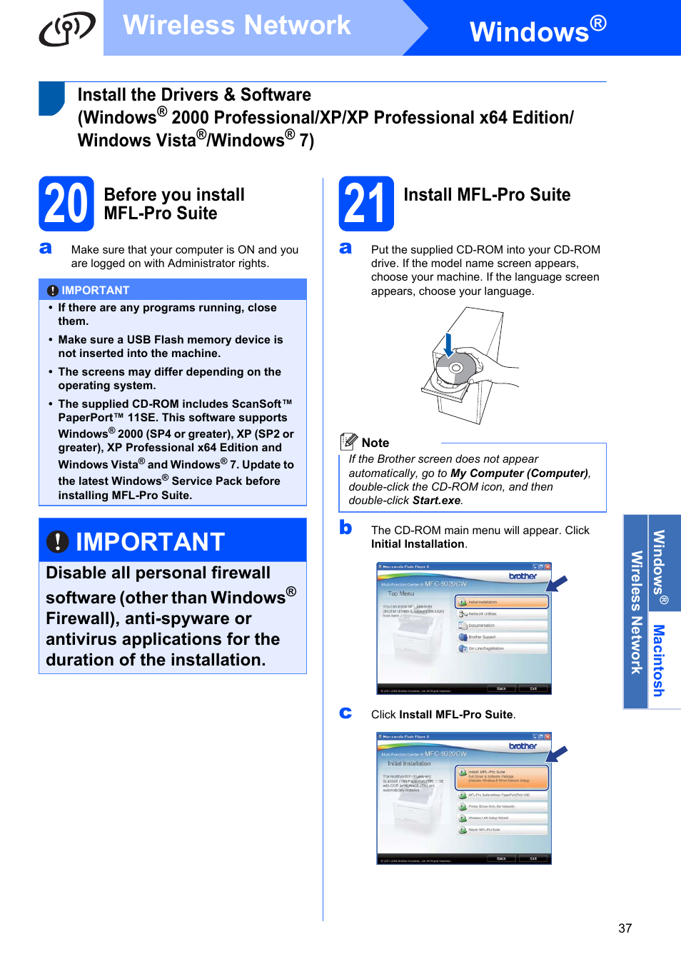 20 before you install mfl-pro suite, 21 install mfl-pro suite, Windows | Wireless network, Important | Brother MFC-9320CW User Manual | Page 37 / 49