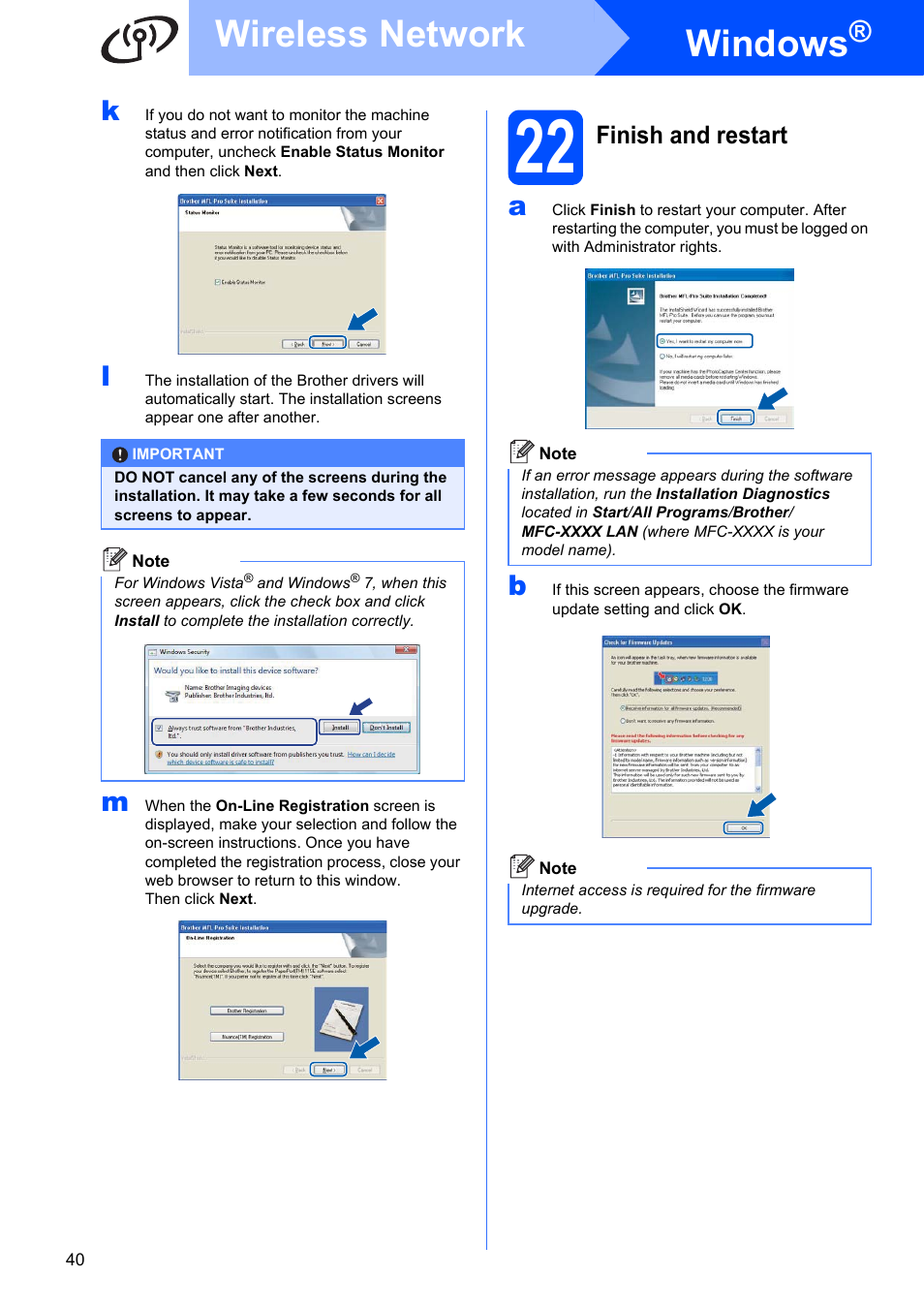 22 finish and restart, Windows, Wireless network | Brother MFC-9320CW User Manual | Page 40 / 49