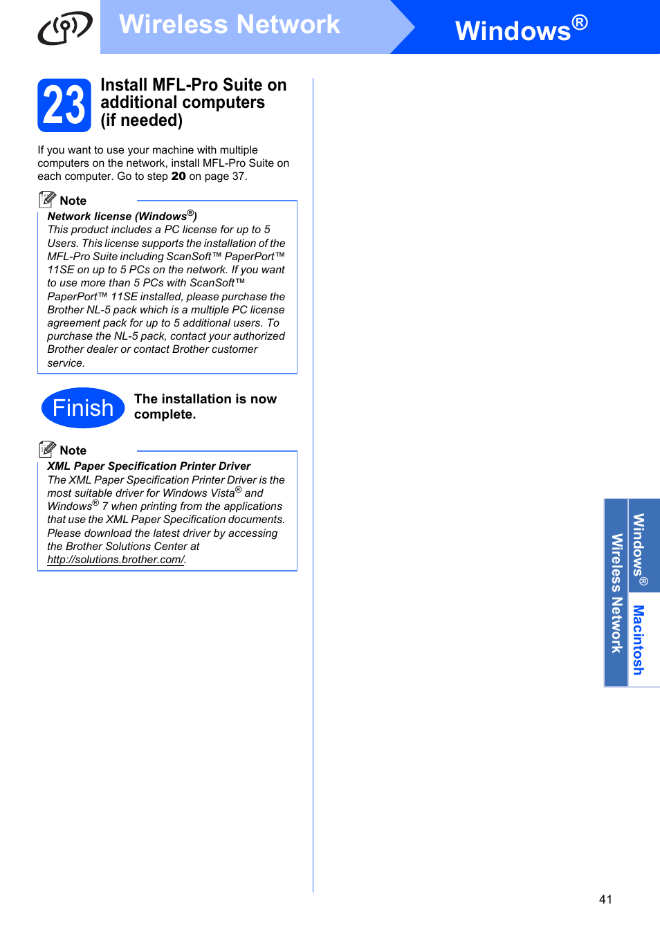 Windows, Wireless network, Finish | Brother MFC-9320CW User Manual | Page 41 / 49