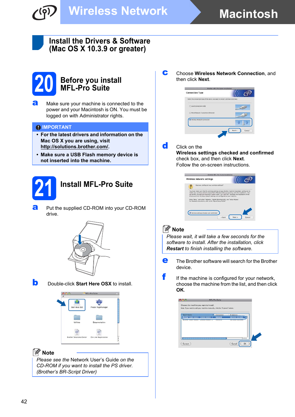 20 before you install mfl-pro suite, 21 install mfl-pro suite, Macintosh wireless network | Brother MFC-9320CW User Manual | Page 42 / 49