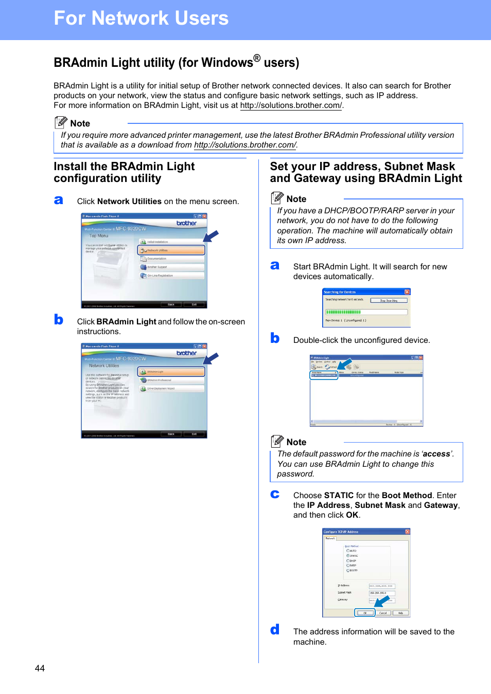 For network users, Bradmin light utility (for windows® users), Install the bradmin light configuration utility | Bradmin light utility (for windows, Users) | Brother MFC-9320CW User Manual | Page 44 / 49
