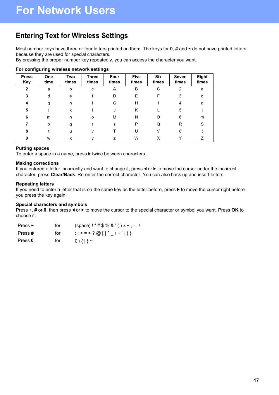 Entering text for wireless settings, For network users | Brother MFC-9320CW User Manual | Page 47 / 49