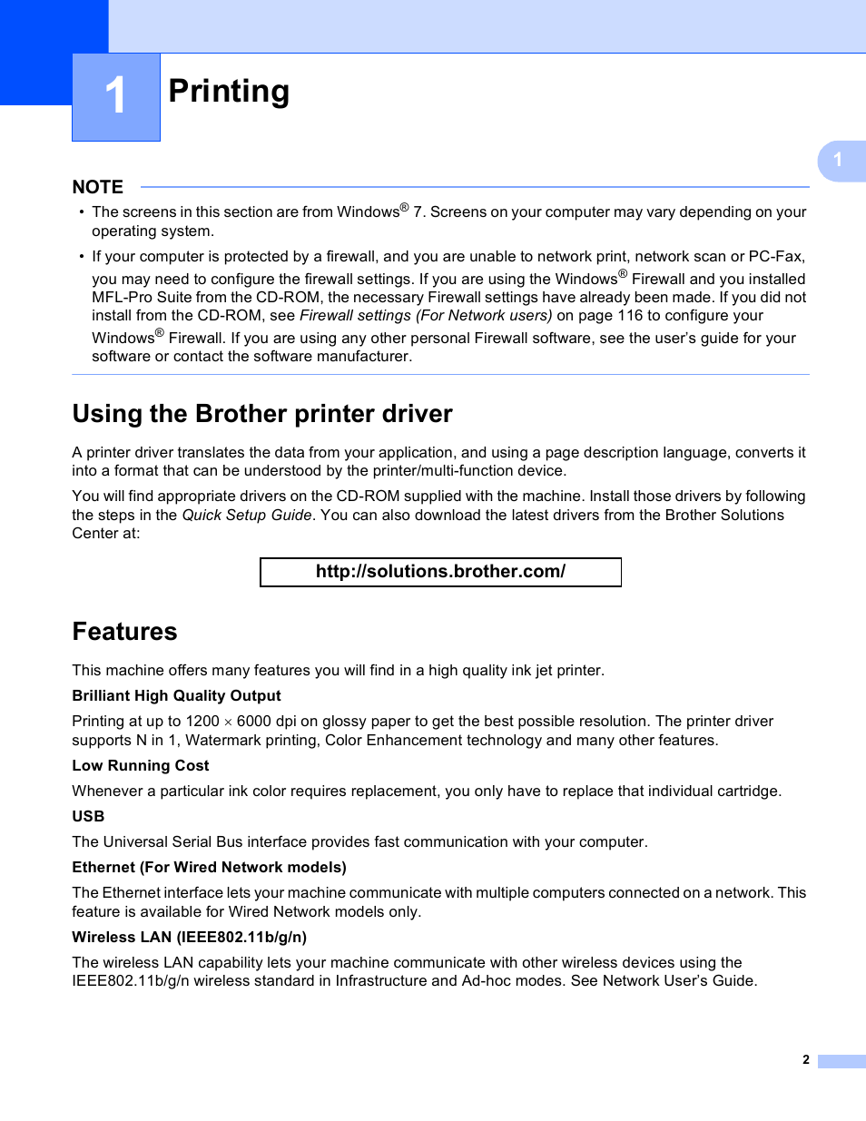 1 printing, Using the brother printer driver, Features | Printing, Using the brother printer driver features | Brother MFC-J4410DW User Manual | Page 10 / 240