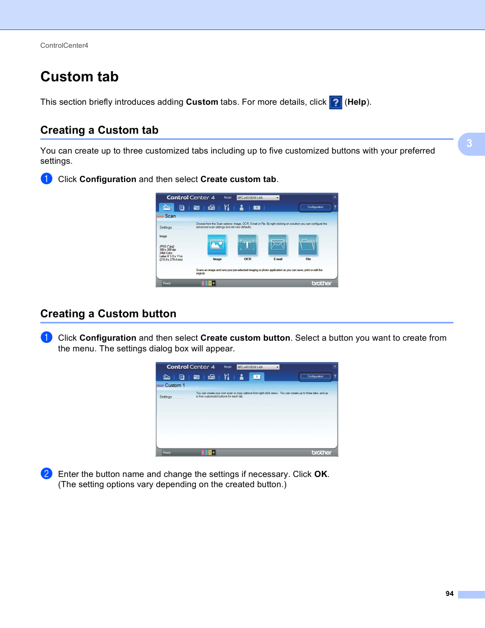 Custom tab, Creating a custom tab, Creating a custom button | Creating a custom tab creating a custom button | Brother MFC-J4410DW User Manual | Page 102 / 240