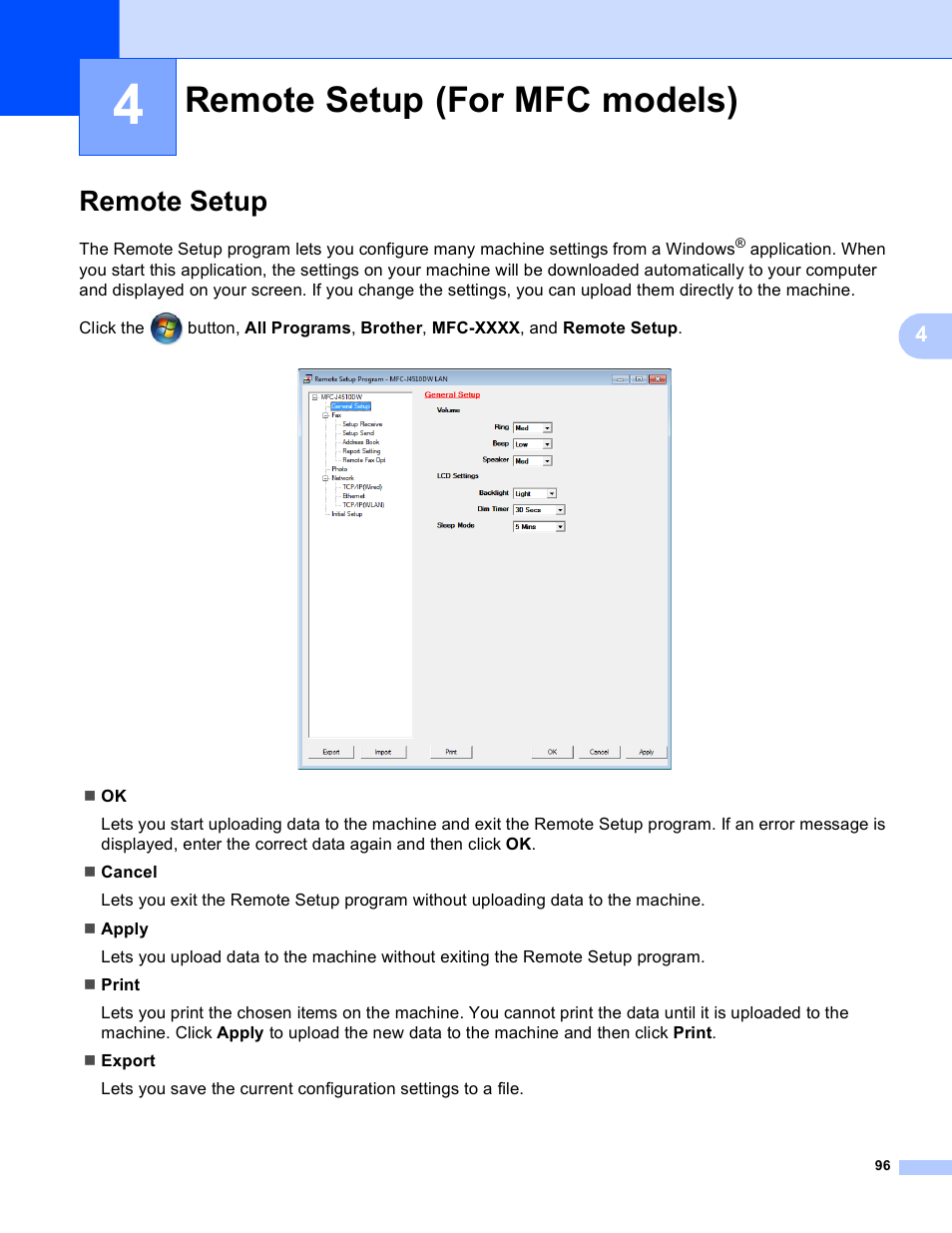 4 remote setup (for mfc models), Remote setup, Remote setup (for mfc models) | Brother MFC-J4410DW User Manual | Page 104 / 240