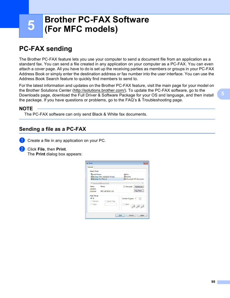 5 brother pc-fax software (for mfc models), Pc-fax sending, Sending a file as a pc-fax | Brother pc-fax software (for mfc models) | Brother MFC-J4410DW User Manual | Page 106 / 240