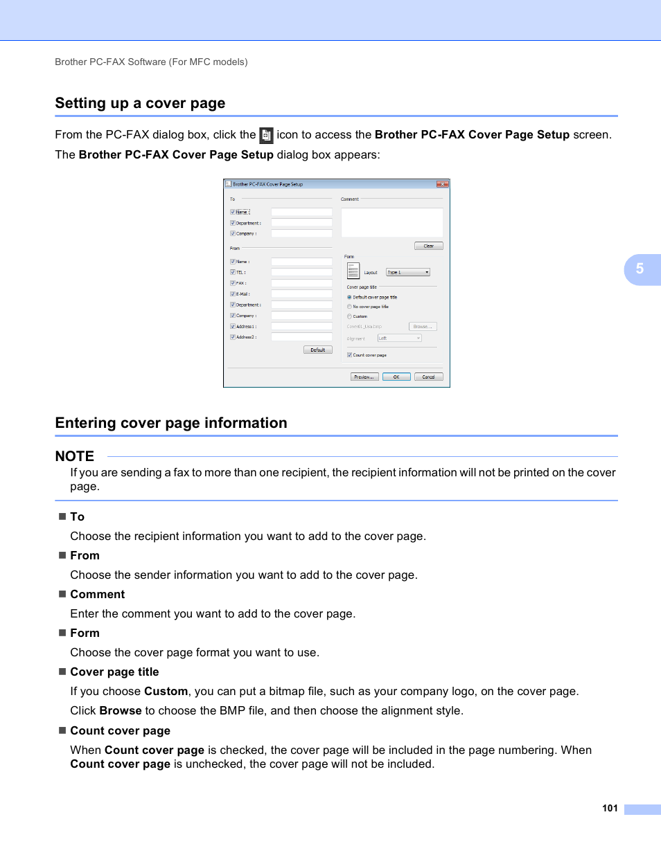 5setting up a cover page, Entering cover page information | Brother MFC-J4410DW User Manual | Page 109 / 240