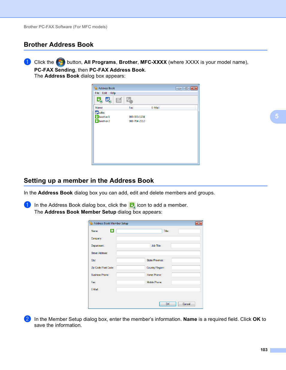 Brother address book, Setting up a member in the address book, 5brother address book | Brother MFC-J4410DW User Manual | Page 111 / 240