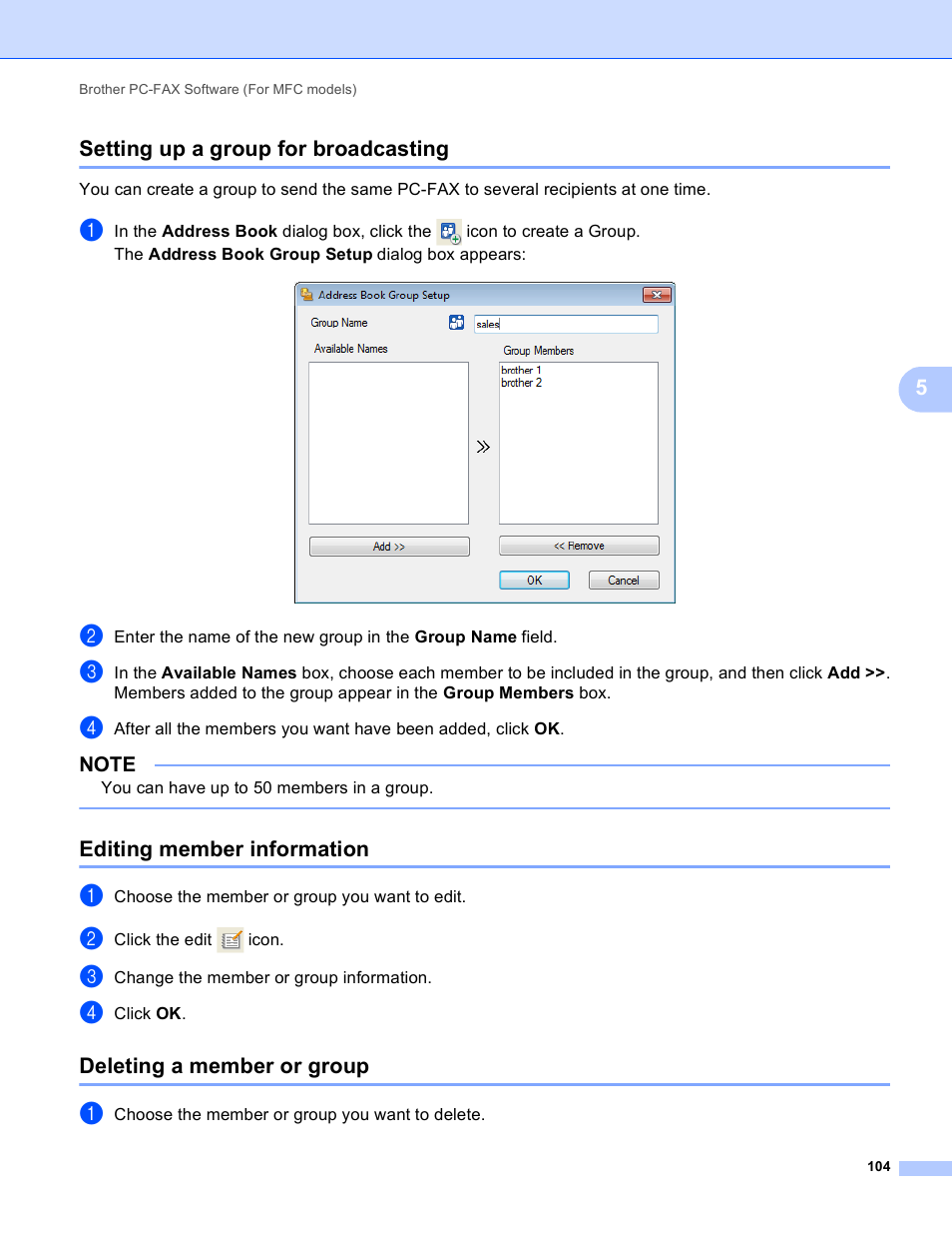 Setting up a group for broadcasting, Editing member information, Deleting a member or group | 5setting up a group for broadcasting | Brother MFC-J4410DW User Manual | Page 112 / 240