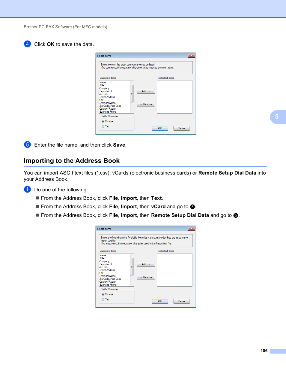 Importing to the address book | Brother MFC-J4410DW User Manual | Page 114 / 240