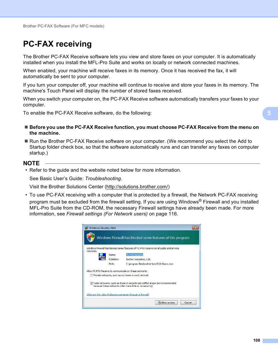 Pc-fax receiving | Brother MFC-J4410DW User Manual | Page 116 / 240