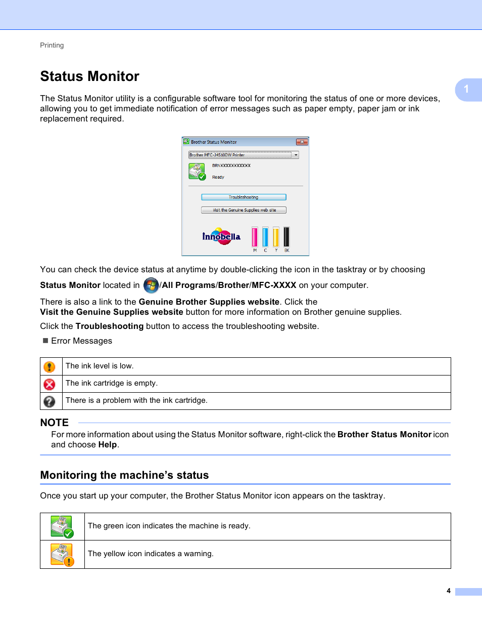 Status monitor, Monitoring the machine’s status | Brother MFC-J4410DW User Manual | Page 12 / 240