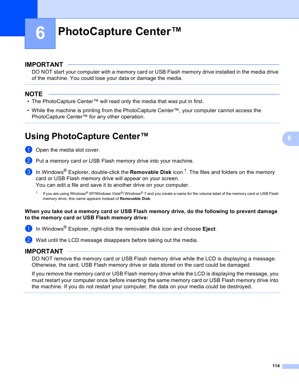 6 photocapture center, Using photocapture center, Photocapture center | Important | Brother MFC-J4410DW User Manual | Page 122 / 240