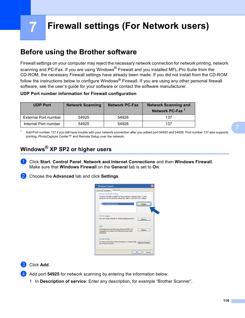 7 firewall settings (for network users), Before using the brother software, Windows® xp sp2 or higher users | Firewall settings (for network users), Windows, Xp sp2 or higher users | Brother MFC-J4410DW User Manual | Page 124 / 240