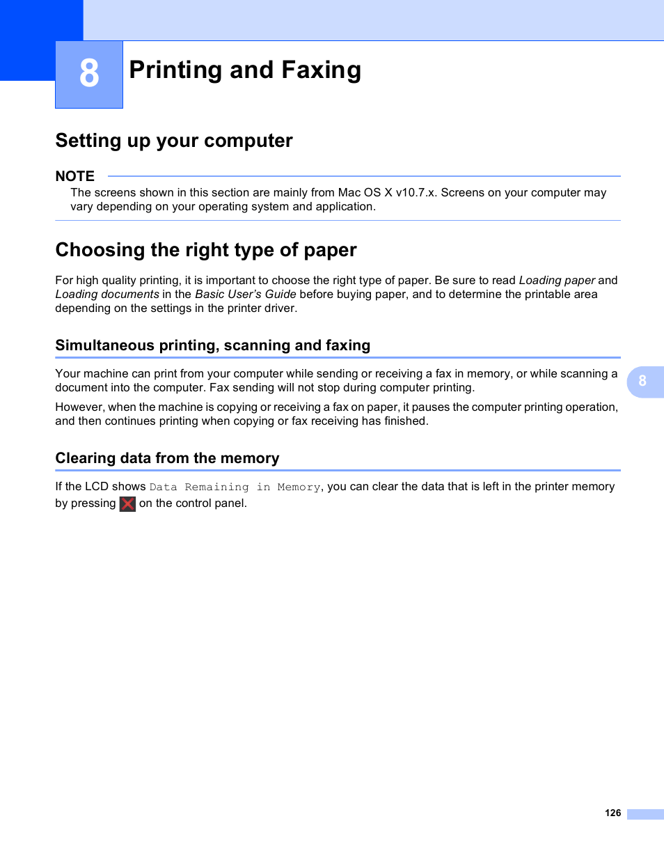 8 printing and faxing, Setting up your computer, Choosing the right type of paper | Simultaneous printing, scanning and faxing, Clearing data from the memory, Printing and faxing | Brother MFC-J4410DW User Manual | Page 134 / 240