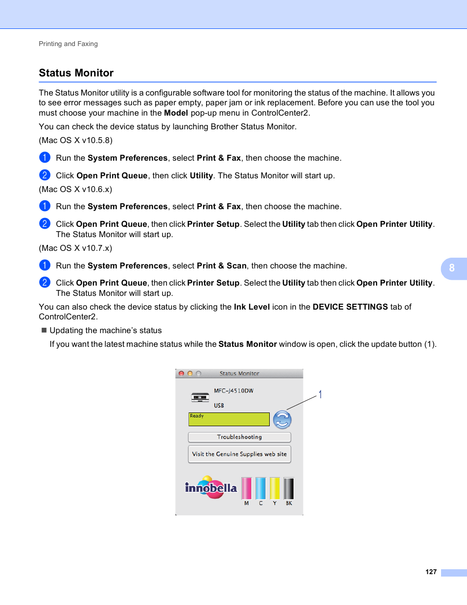 Status monitor, 8status monitor | Brother MFC-J4410DW User Manual | Page 135 / 240