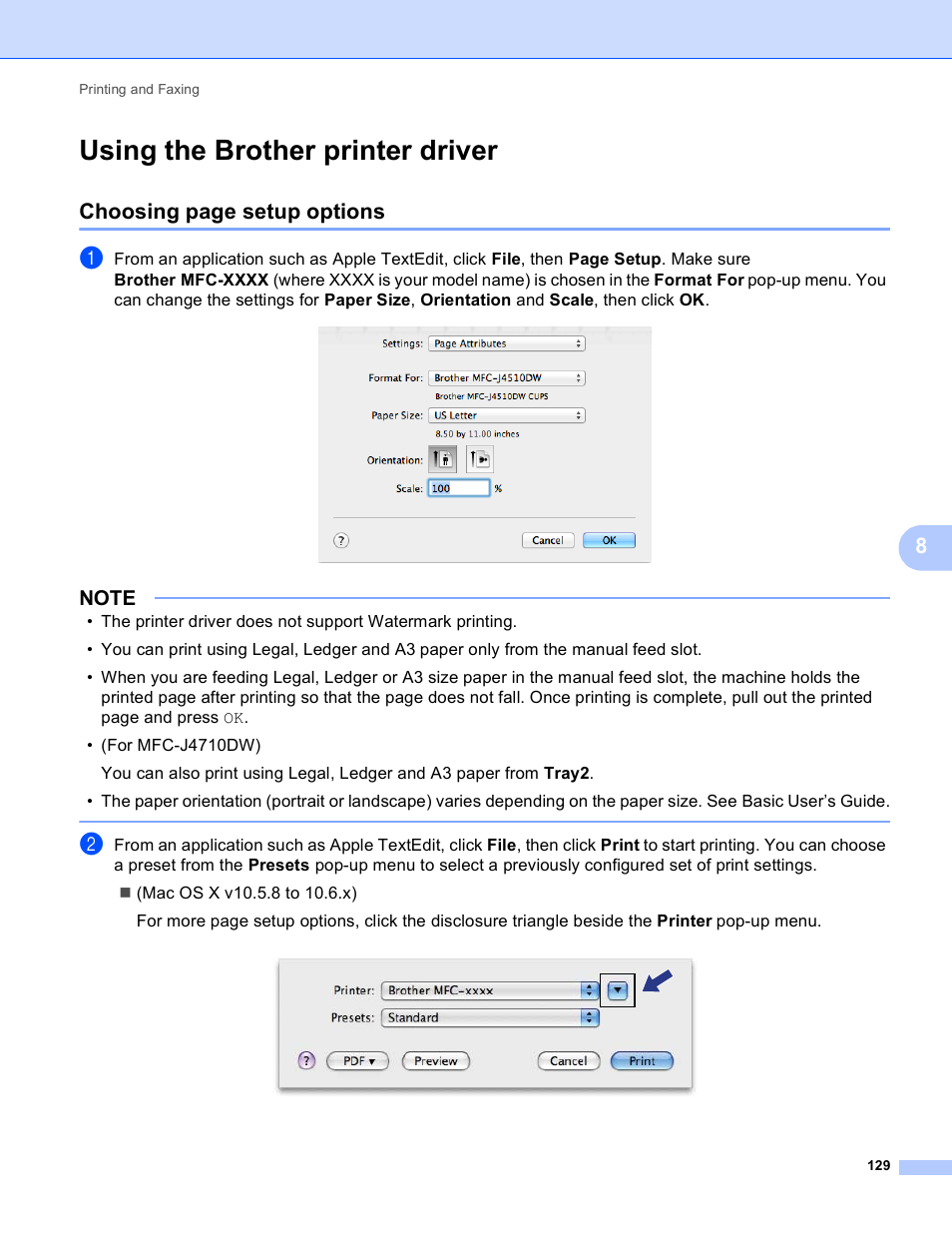 Using the brother printer driver, Choosing page setup options | Brother MFC-J4410DW User Manual | Page 137 / 240