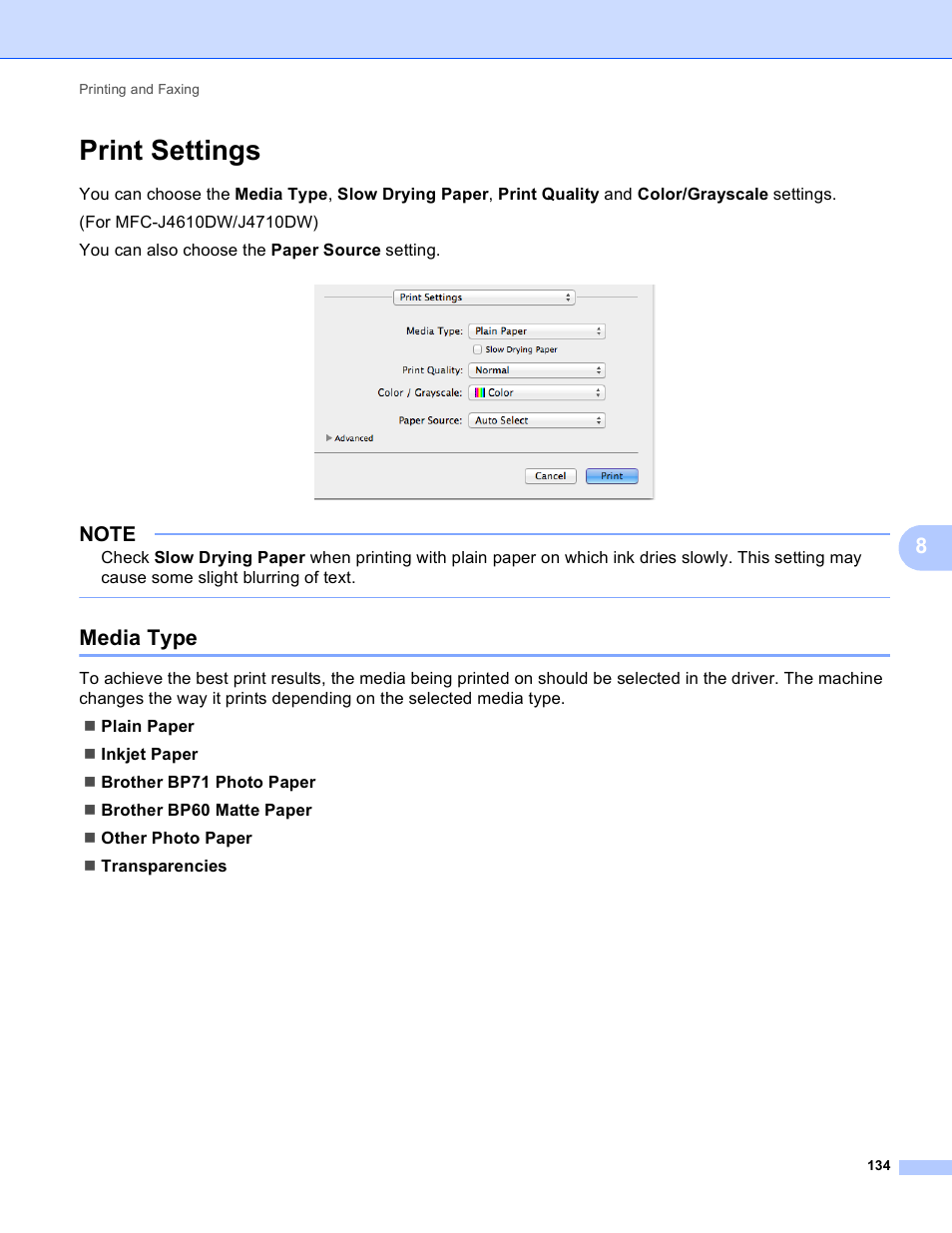 Print settings, Media type | Brother MFC-J4410DW User Manual | Page 142 / 240