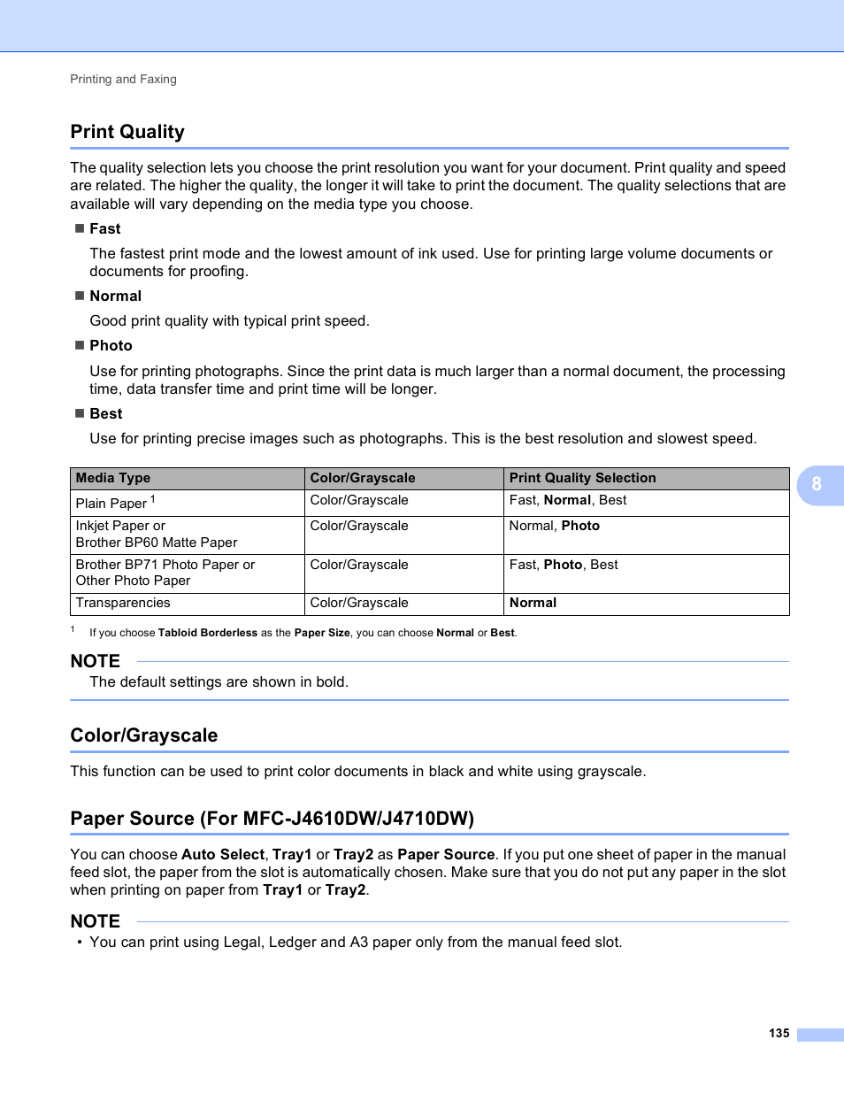 Print quality, Color/grayscale, Paper source (for mfc-j4610dw/j4710dw) | 8print quality | Brother MFC-J4410DW User Manual | Page 143 / 240