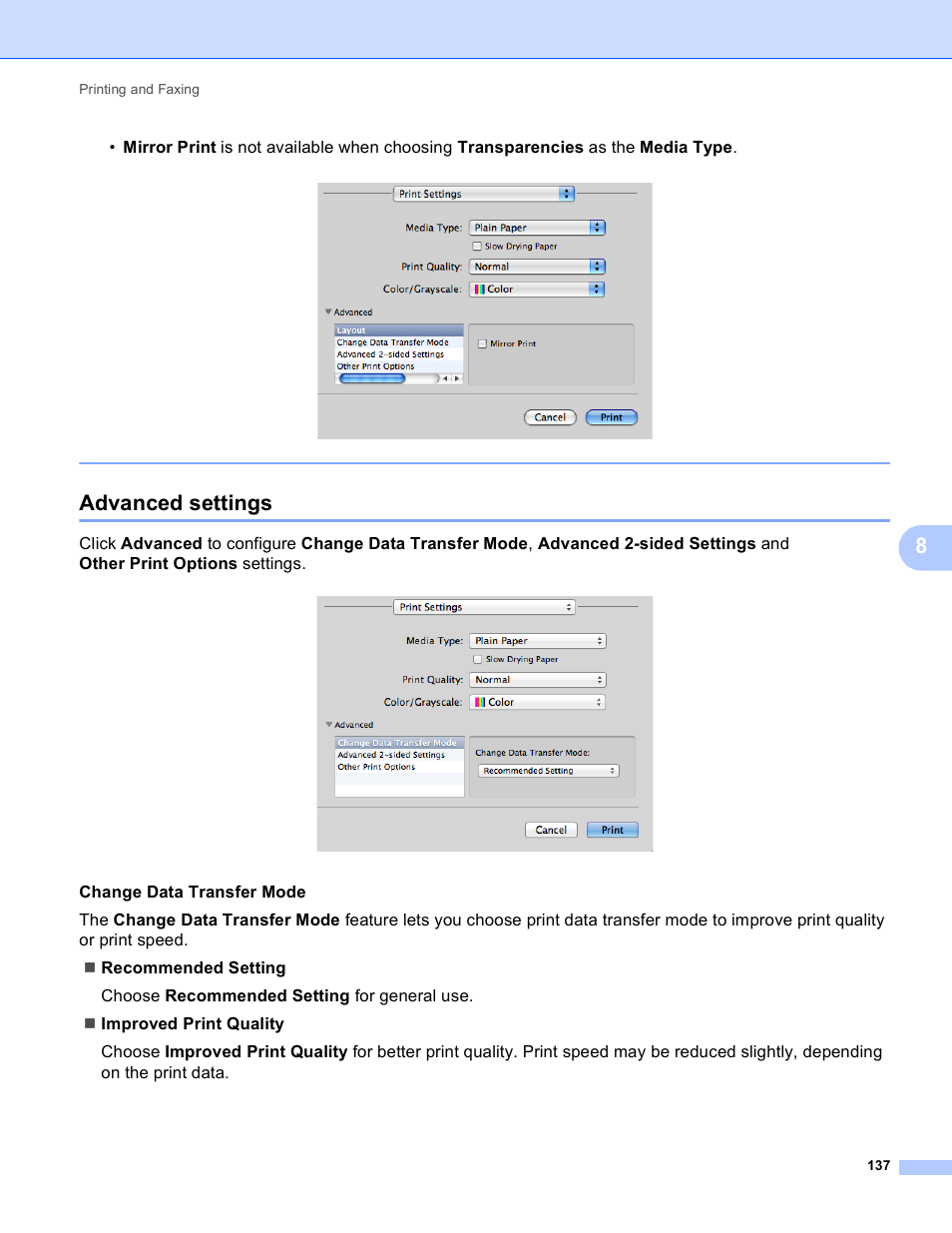 Advanced settings, Change data transfer mode | Brother MFC-J4410DW User Manual | Page 145 / 240