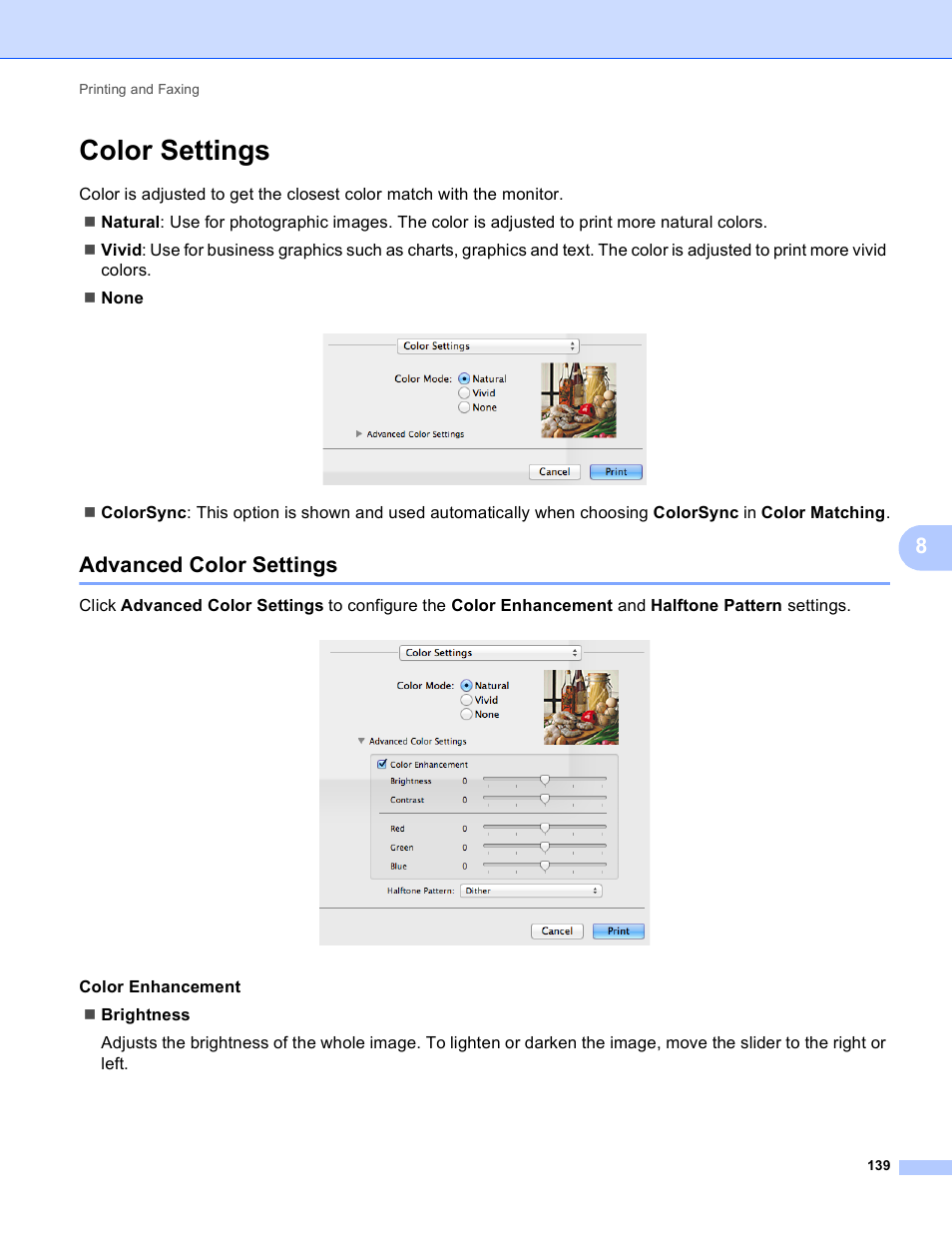 Color settings, Advanced color settings | Brother MFC-J4410DW User Manual | Page 147 / 240