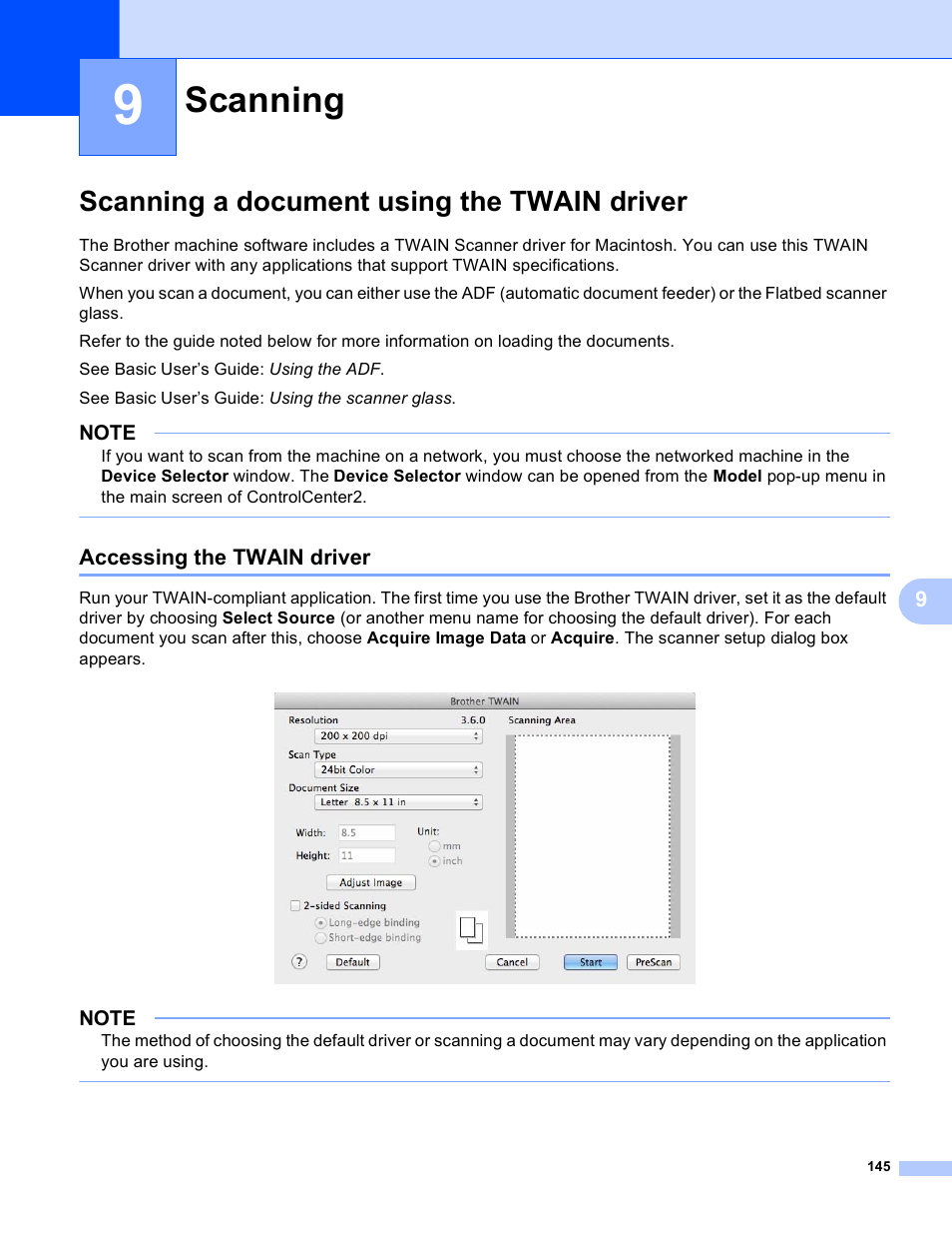 9 scanning, Scanning a document using the twain driver, Accessing the twain driver | Scanning | Brother MFC-J4410DW User Manual | Page 153 / 240