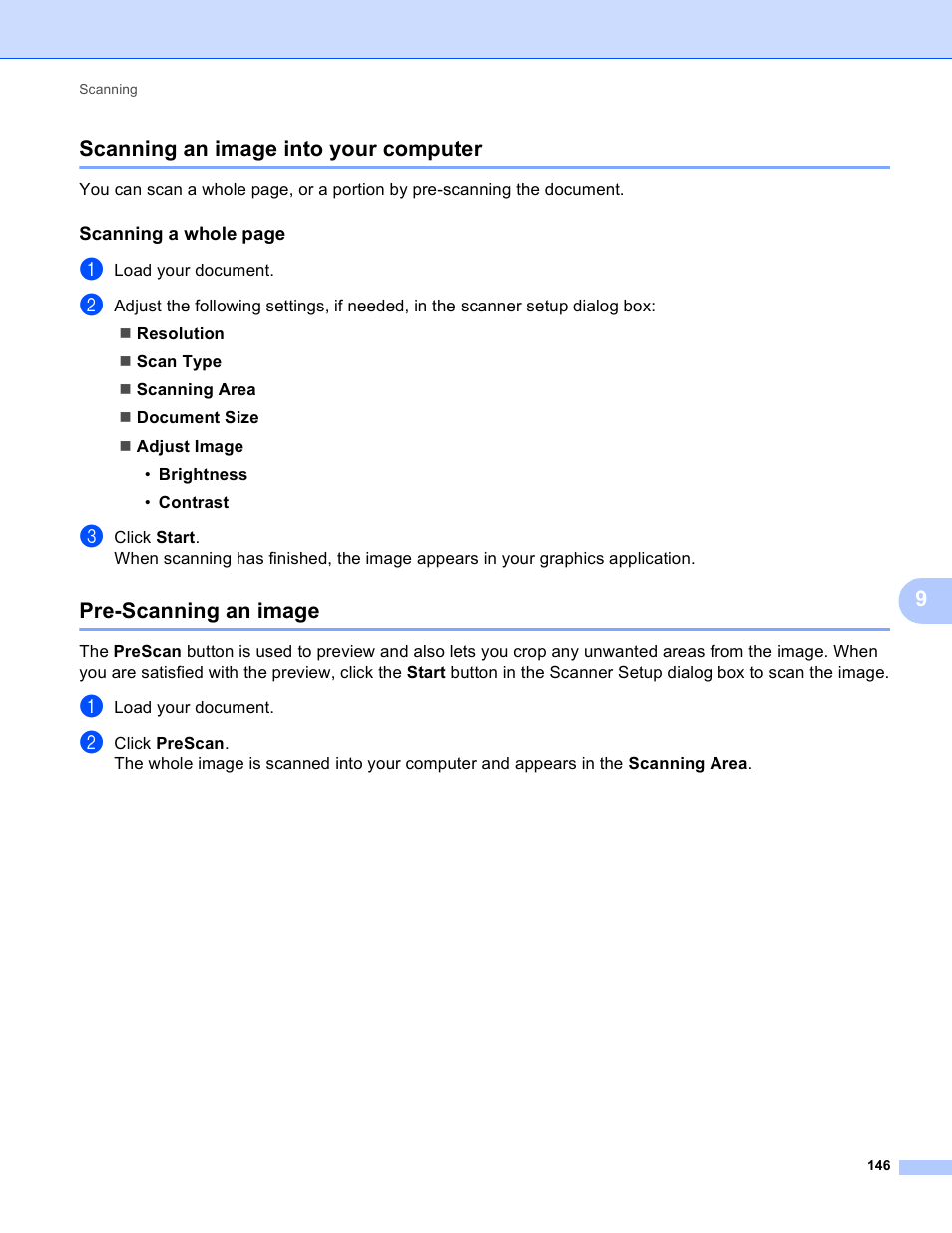 Scanning an image into your computer, Pre-scanning an image, 9scanning an image into your computer | Brother MFC-J4410DW User Manual | Page 154 / 240