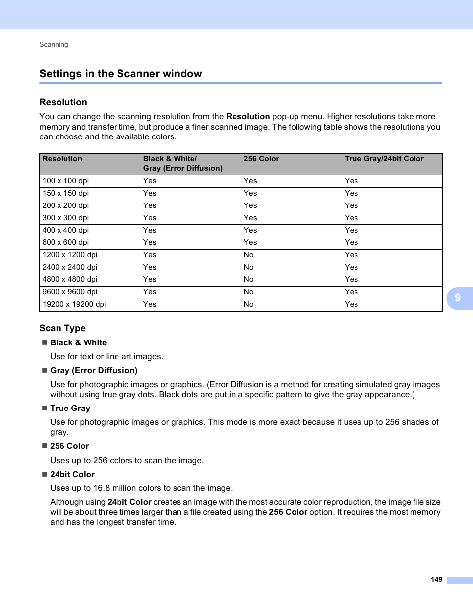 Settings in the scanner window, Resolution, Scan type | 9settings in the scanner window | Brother MFC-J4410DW User Manual | Page 157 / 240