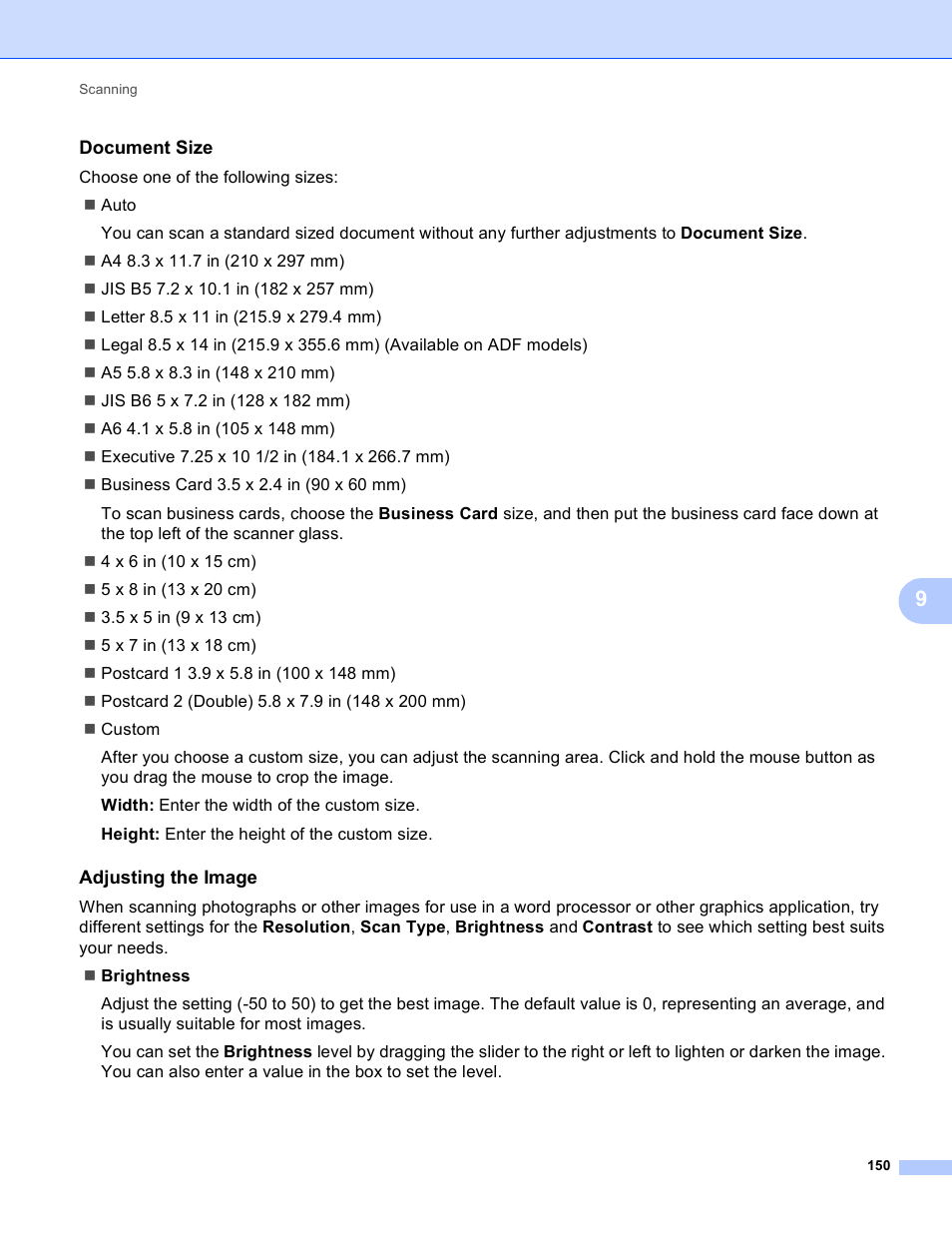 Document size, Adjusting the image | Brother MFC-J4410DW User Manual | Page 158 / 240