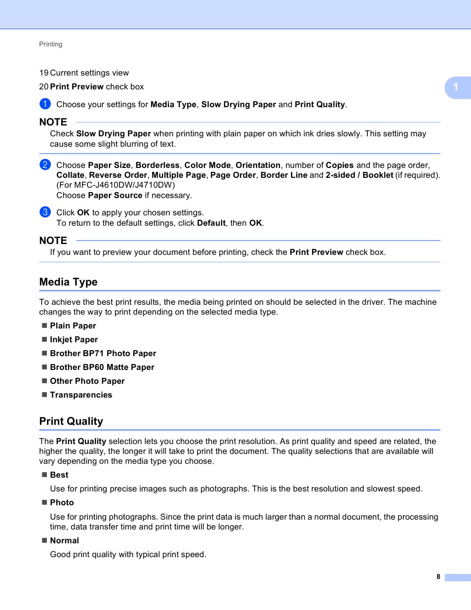 Media type, Print quality, Media type print quality | Brother MFC-J4410DW User Manual | Page 16 / 240