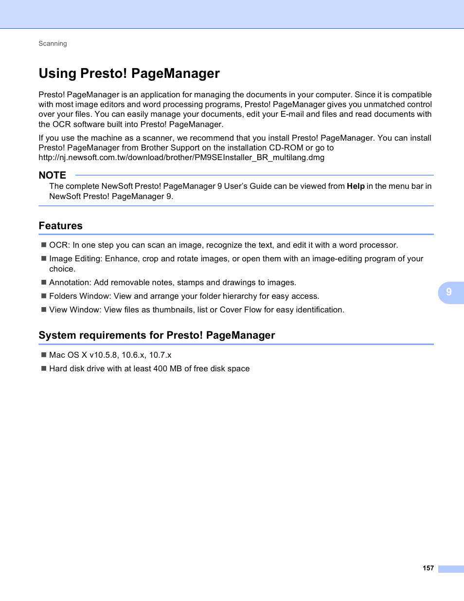 Features, Using presto! pagemanager, System requirements for presto! pagemanager | Brother MFC-J4410DW User Manual | Page 165 / 240