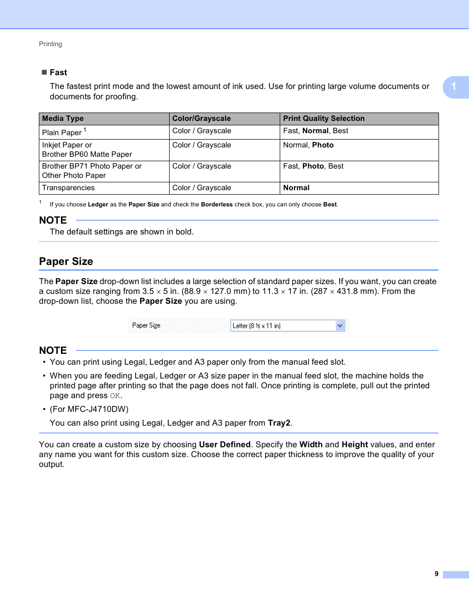 Paper size | Brother MFC-J4410DW User Manual | Page 17 / 240